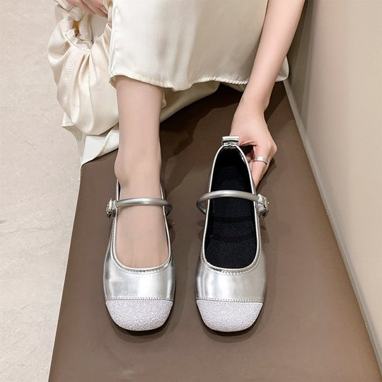 Damen elegante Ballerinas mit funkelndem Zehenbereich und dekorativem Riemen EB