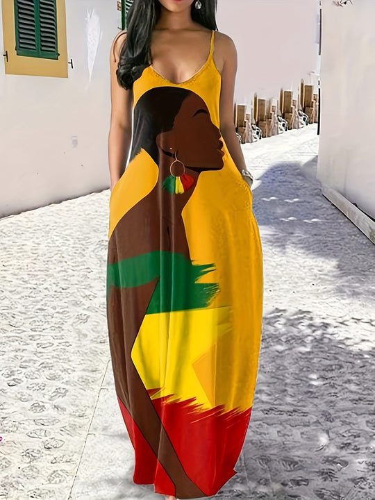 Damen Maxikleid mit modernem ethnischen Druck und praktischen Seitentaschen EB
