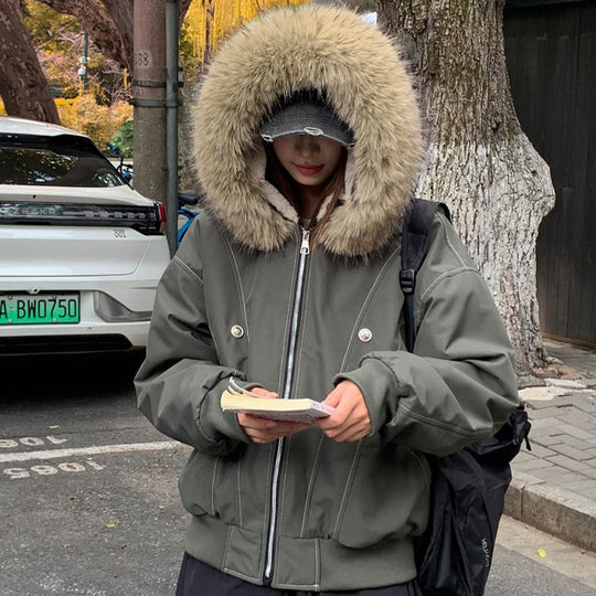 Damen gefütterte Winterjacke mit abnehmbarem Kunstfellkragen und großen Taschen EB