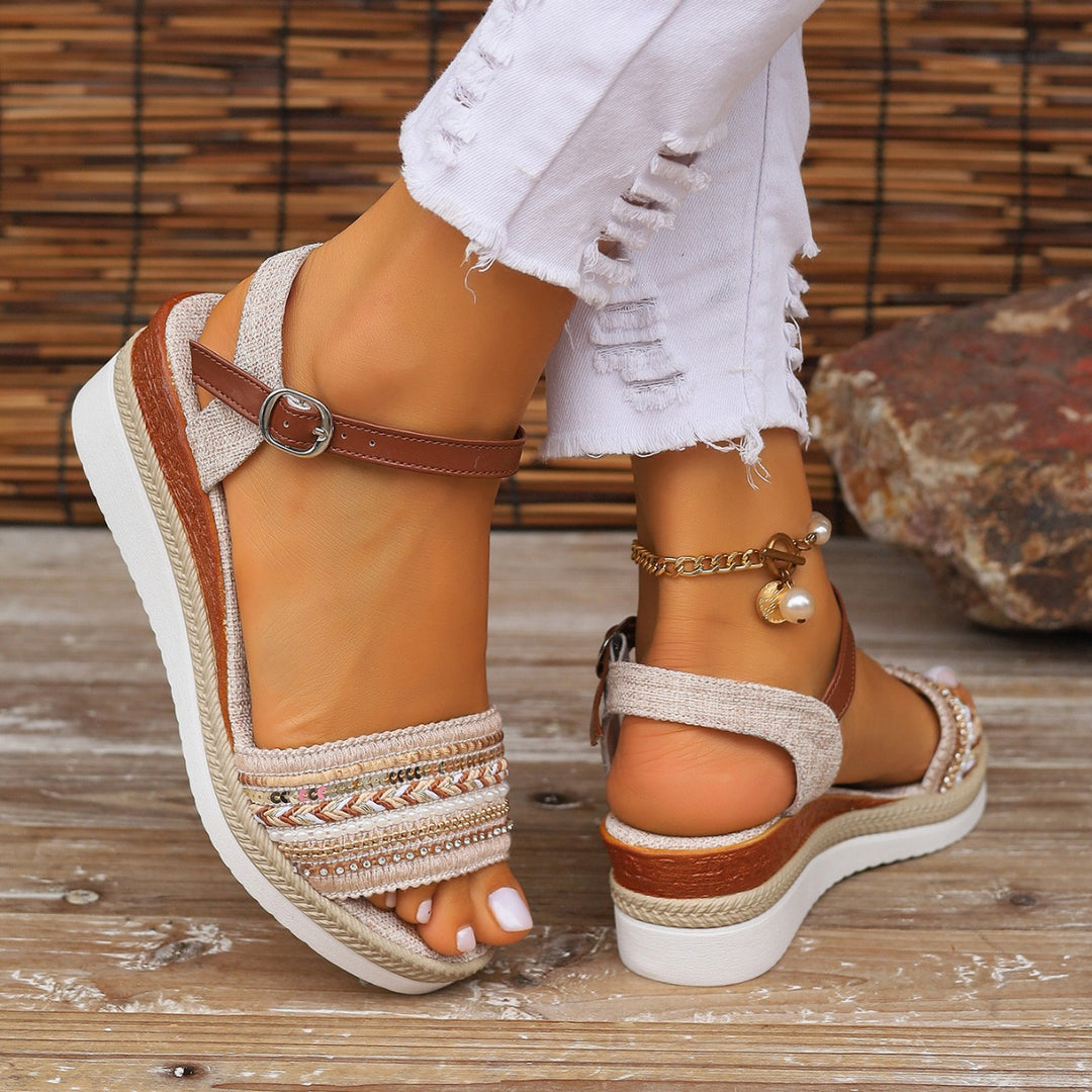 Damen Wedge-Sandalen mit dekorativem Textilband und modischem Absatz EB