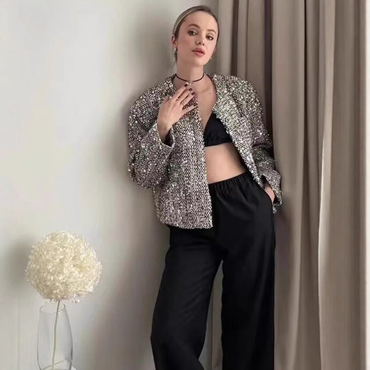 Damen nan gefütterte Bouclé-Kurzjacke mit Paillettenbesatz, Rundhalsausschnitt und offener Front EB