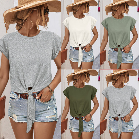 Damen lässiges Knotenshirt mit kurzarm und eleganter Knopfdetail EB