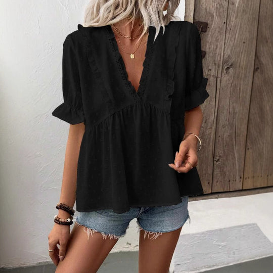 Damen elegantes Blusenshirt mit Rüschendetails und V-Ausschnitt EB