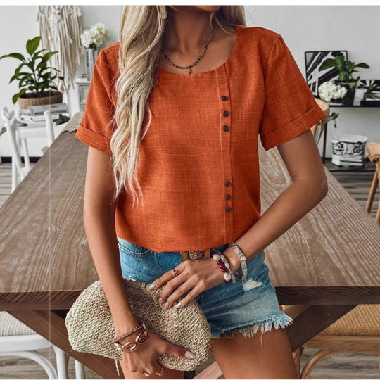 Damen Kurzarmbluse mit dekorativen Knopfdetails und modernem Schnitt Heidi-Mode