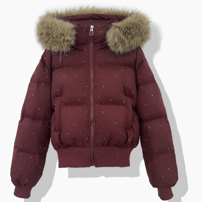 Damen nan kurzer gesteppter Pufferblouson mit feinem Strassbesatz, abnehmbarer Webpelzkapuze und elastischem Saum EB