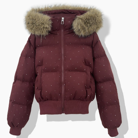 Damen nan kurzer gesteppter Pufferblouson mit feinem Strassbesatz, abnehmbarer Webpelzkapuze und elastischem Saum EB