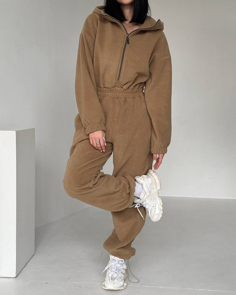Damen Fleece Jogginganzug mit kurzem Reißverschluss EB