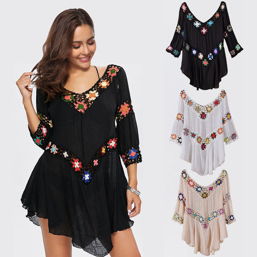 Damen Häkelbluse mit bunten Floral-Applikationen EB