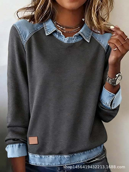 Damen nan gerippter Strickpullover mit Jeanskragen und Knopfleiste EB