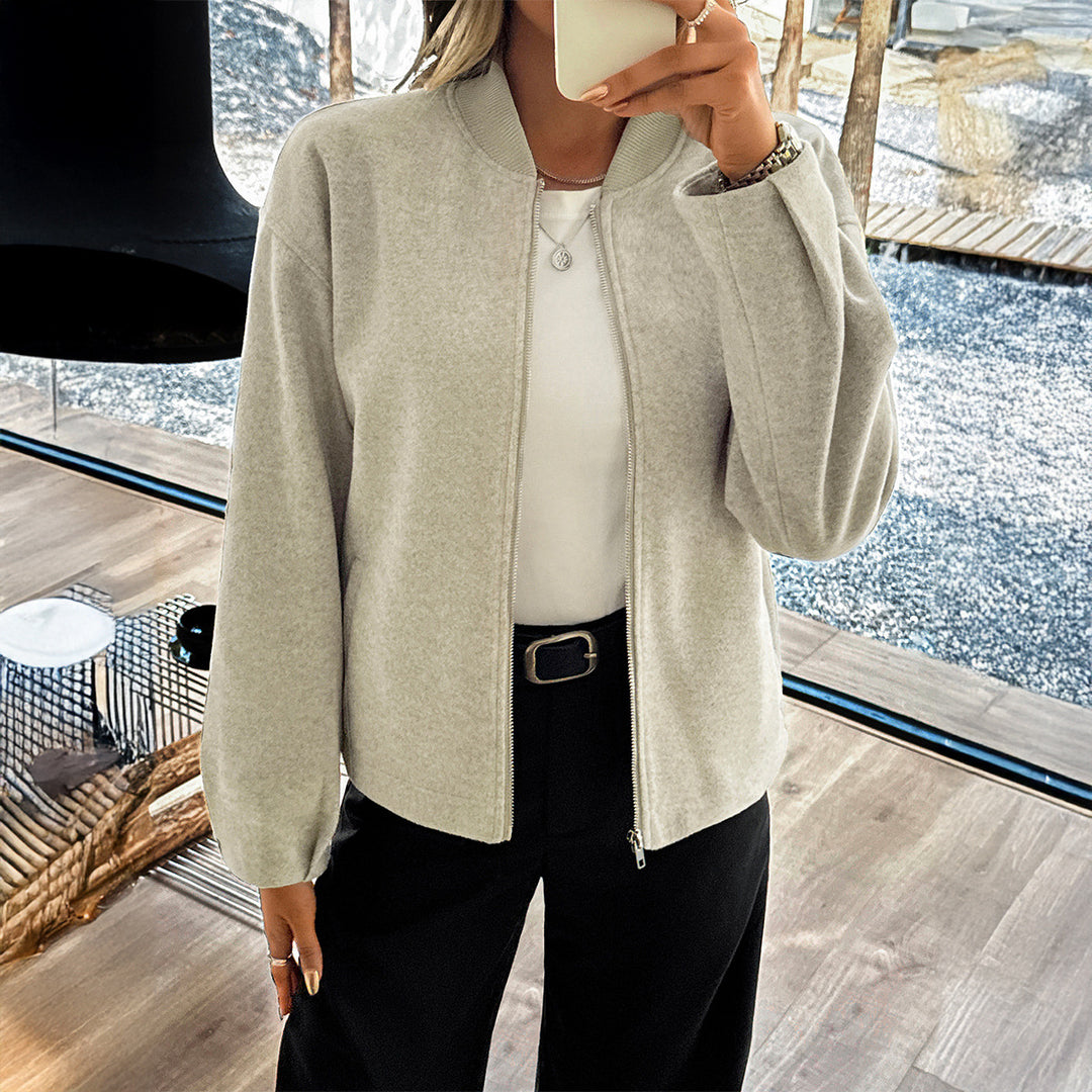 Damen nan leichte Fleece‑Bomberjacke mit Stehkragen, zweiseitigem Reißverschluss und lässiger Oversize‑Passform EB