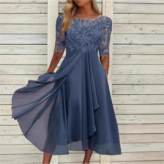 Damen Elegantes Midikleid mit Spitzenärmeln und schwingendem Rock EB