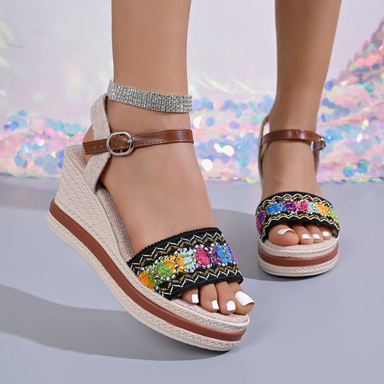 Damen Wedge-Sandalen mit buntem Stickereibesatz und komfortablem Riemchen EB