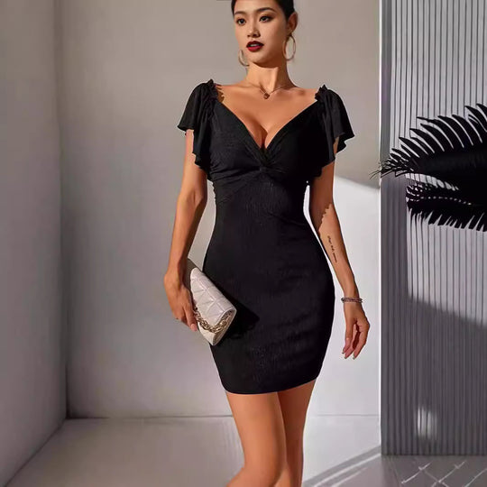 Damen figurbetontes Minikleid mit schmeichelndem V-Ausschnitt und Rüschendetails EB