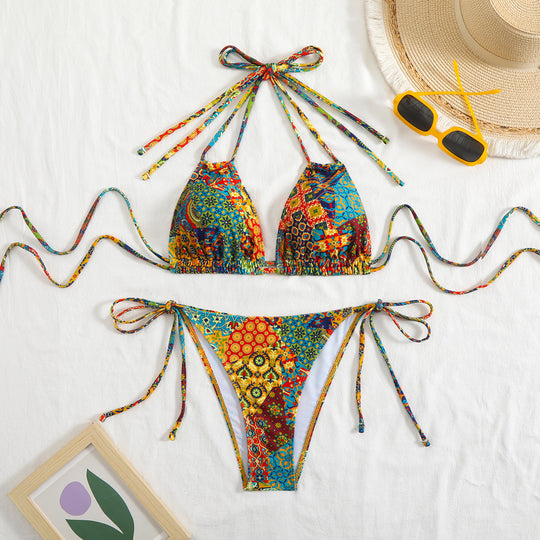 Damen Bikini-Set mit verspieltem Bindeband und buntem Muster EB