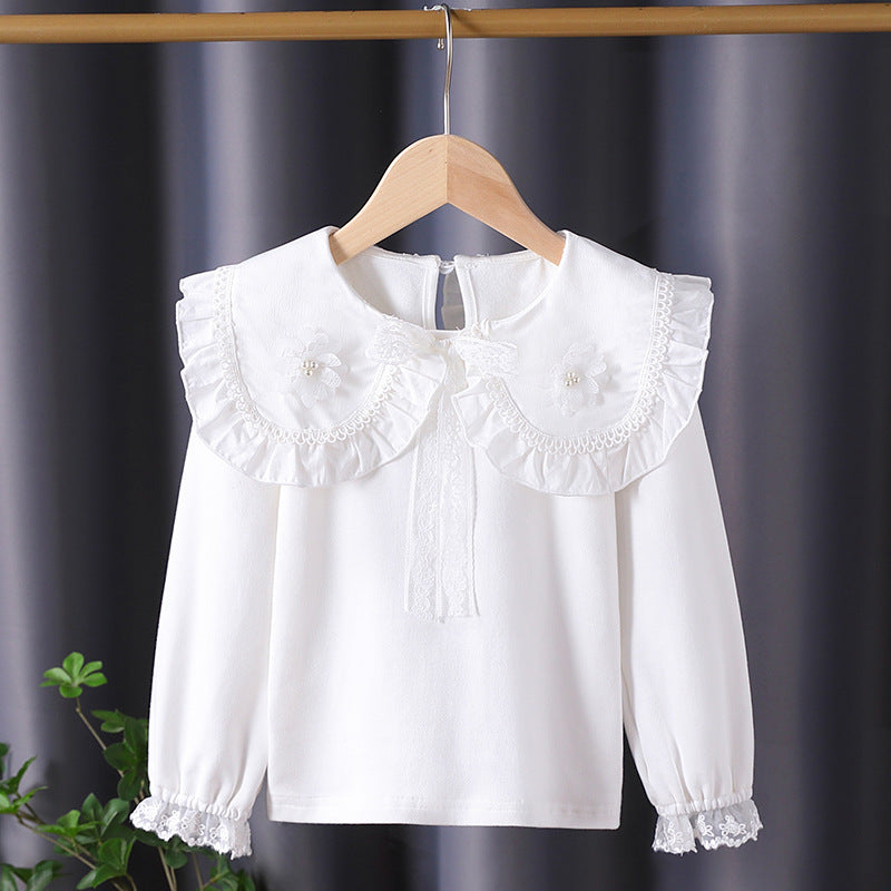 Mädchen Bluse mit rüschenverziertem Kragen und feinen Blumenapplikationen EB