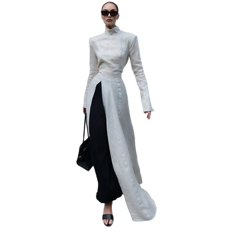 Damen elegantes Maxikleid mit hochgeschlossenem Kragen und asymmetrischem Farbdesign EB