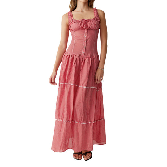 Damen Maxikleid mit Rüschendetails und Knopfverschluss EB