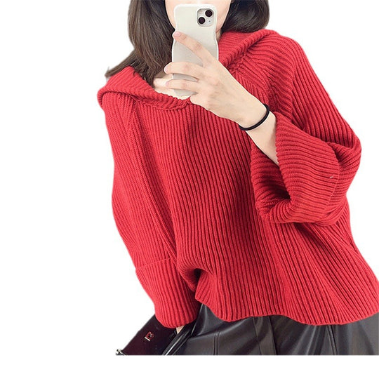 Damen lässiger Strickpullover mit Kapuze und weit geschnittenen Ärmeln EB