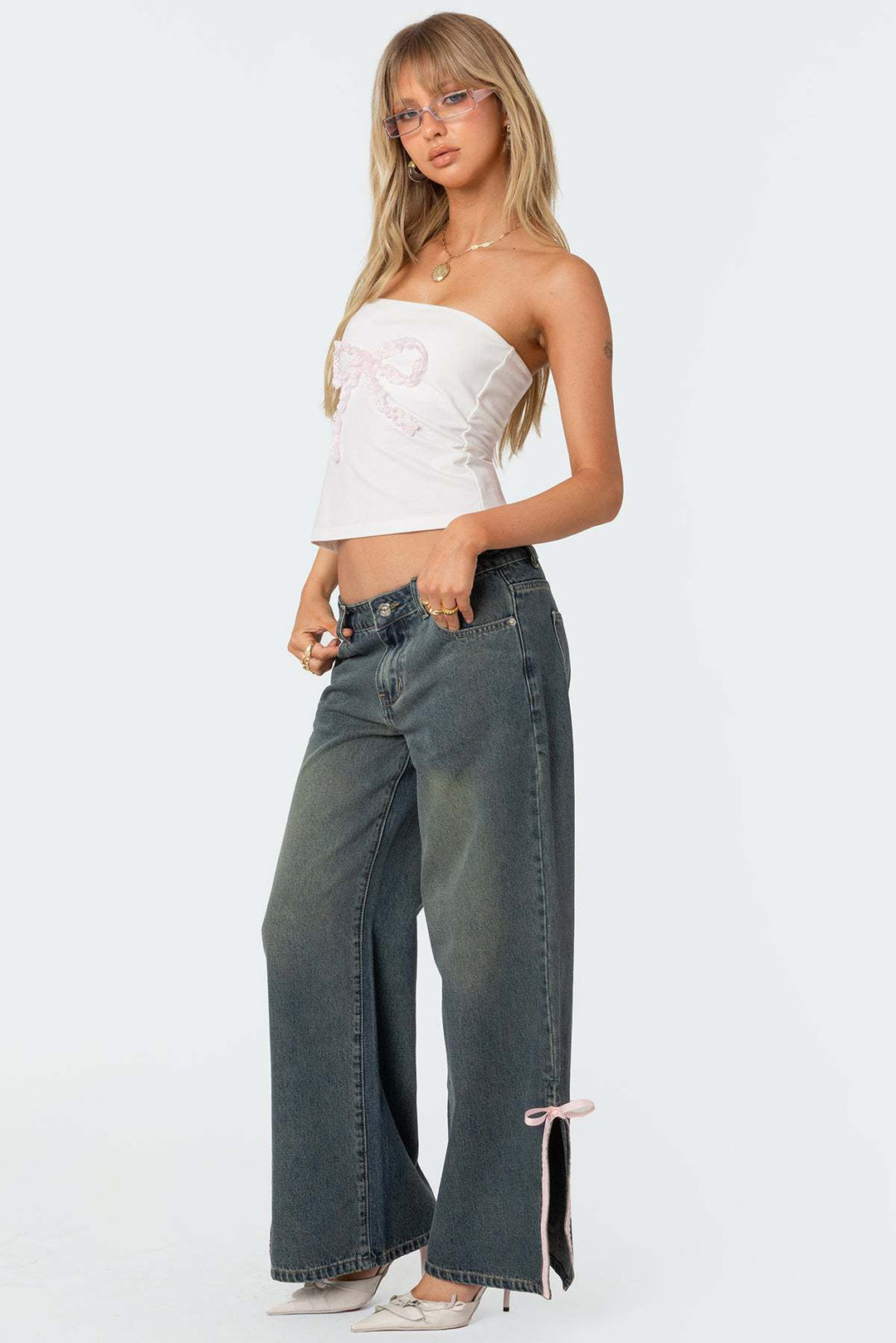 Damen Hohe Taillen Denim-Hose mit modischen Schleifendetails EB