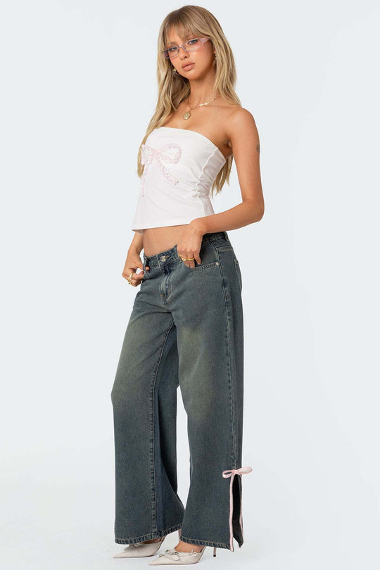 Damen Hohe Taillen Denim-Hose mit modischen Schleifendetails EB