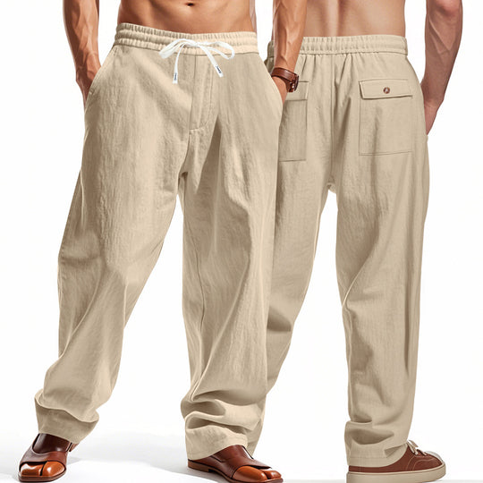 Herren nan lässige Leinen-Freizeithose mit elastischem Bund Kordelzug und aufgesetzten Gesäßtaschen EB
