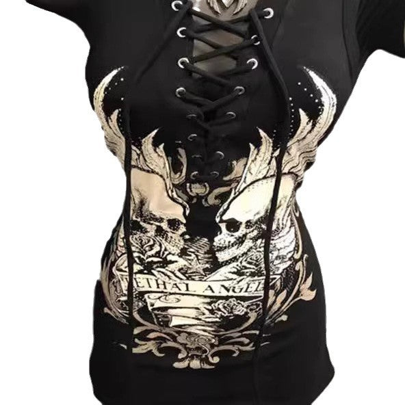 Damen Rockabilly Kleid mit Schnüroptik und grafischem Print EB