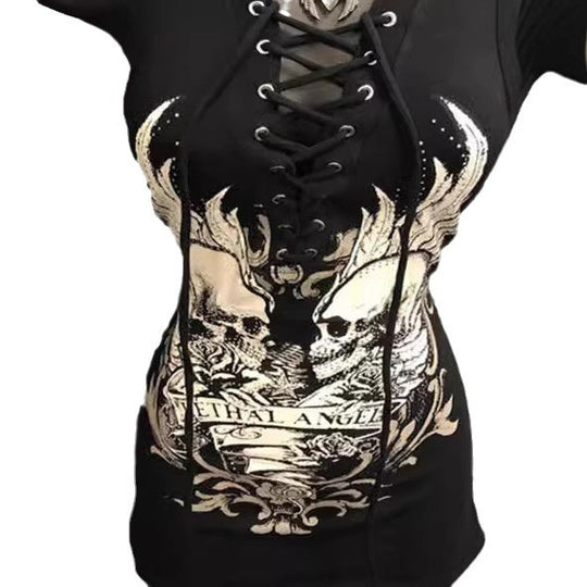 Damen Rockabilly Kleid mit Schnüroptik und grafischem Print EB