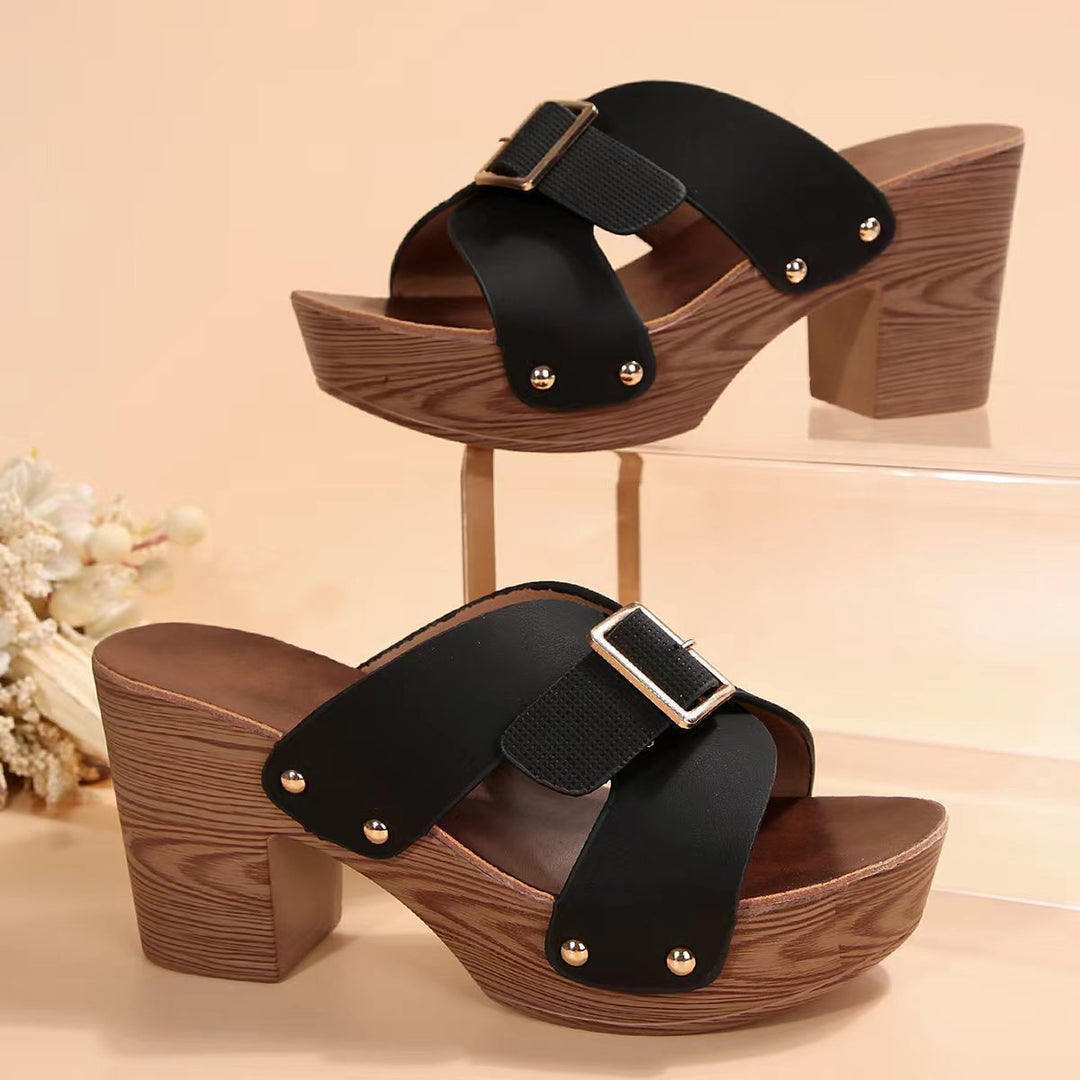 Damen Plattform-Sandalen mit trendigem Holz-Design und breitem Riemen EB