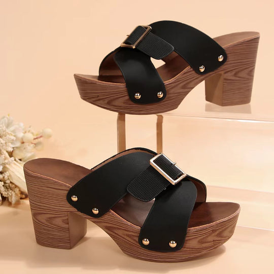Damen Plattform-Sandalen mit trendigem Holz-Design und breitem Riemen EB