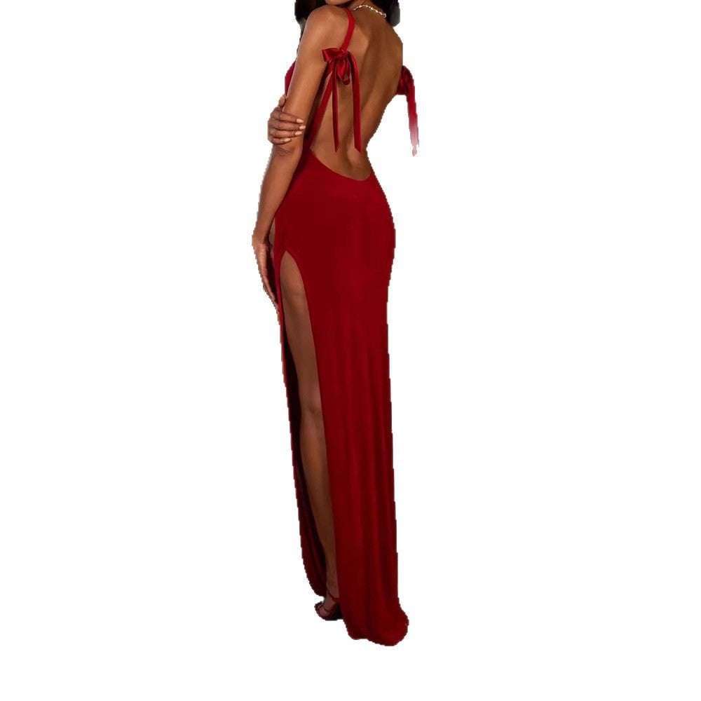 Damen Elegantes Maxikleid mit tiefem V-Ausschnitt und hohem Schlitz EB