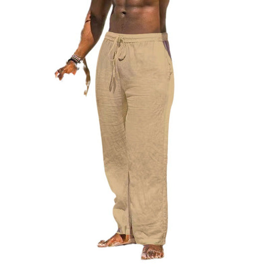 Herren nan entspannte Leinenhose mit elastischem Tunnelzug, geradem Bein und seitlichen Eingrifftaschen EB