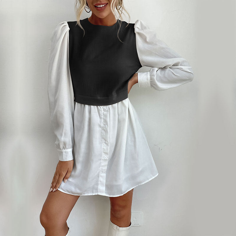 Damen modisches Hemdkleid mit eleganten Puffärmeln und knöpfbarem Vorderteil EB