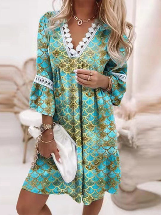 Damen lässiges Kleid mit V-Ausschnitt und Rüschendetails EB