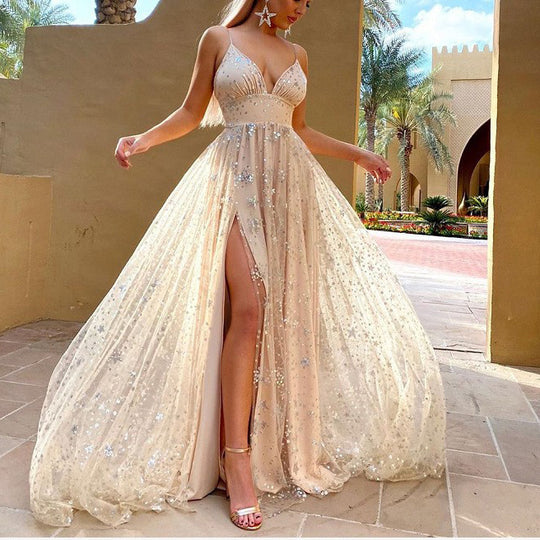 Damen Funkelndes Chiffon Abendkleid mit tiefem Schlitz und transparentem Rock EB