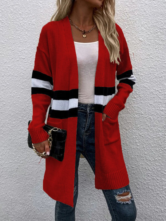 Damen Offene Strickjacke mit modernem Streifenmuster und praktischen Taschen EB