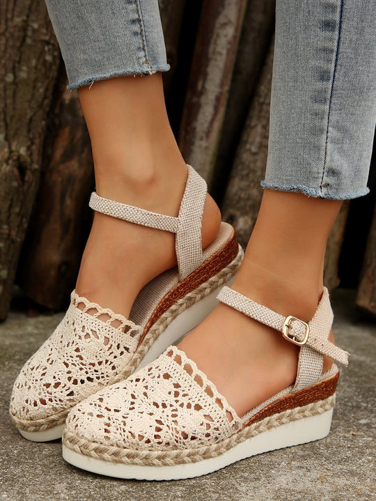 Damen Espadrille-Sandalen mit filigranem Häkel-Design und elastischem Knöchelriemen EB