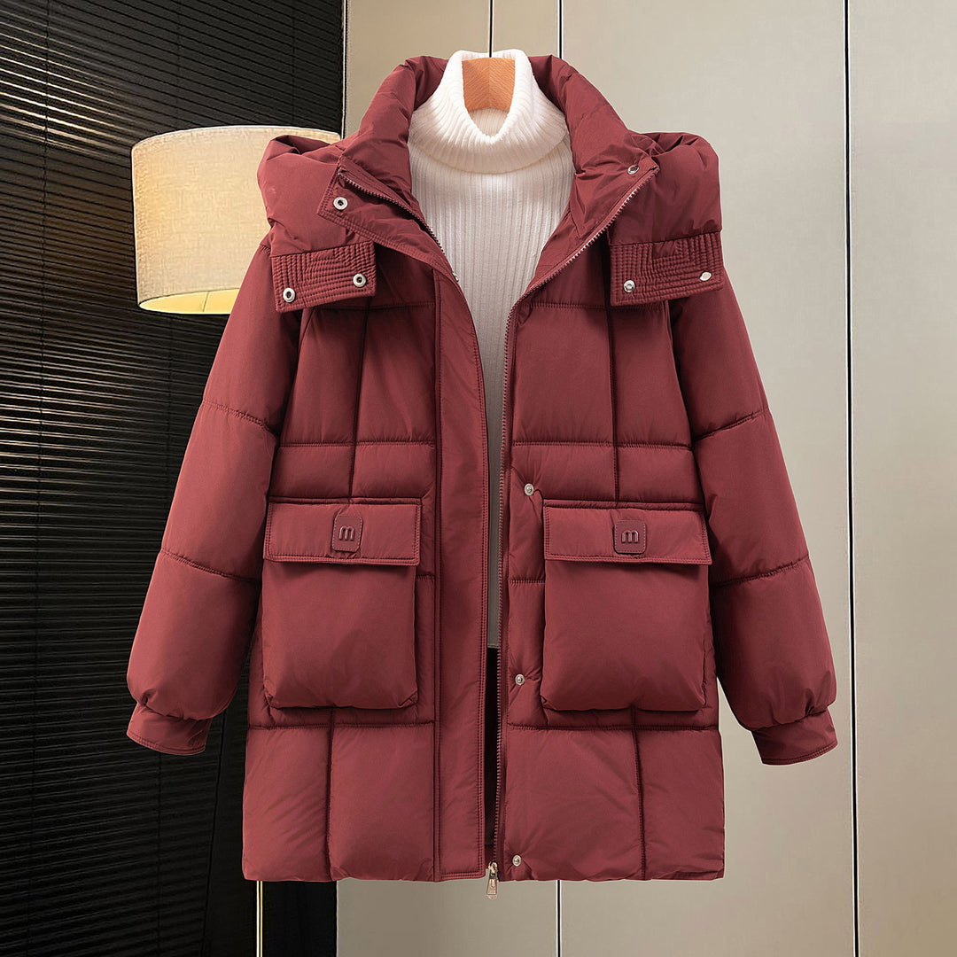 Damen funktionelle und stilvolle Winterjacke mit Taschen und Kapuze EB