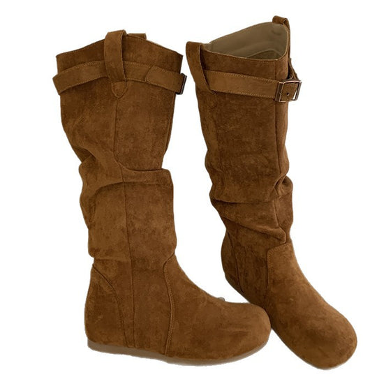 Damen Elegant gefaltete Langschaftstiefel mit modischen Schnallendetails EB