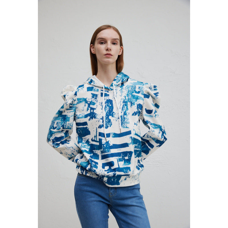 Damen Kapuzenpullover mit modischem Rüschendesign und kreativem Druck EB