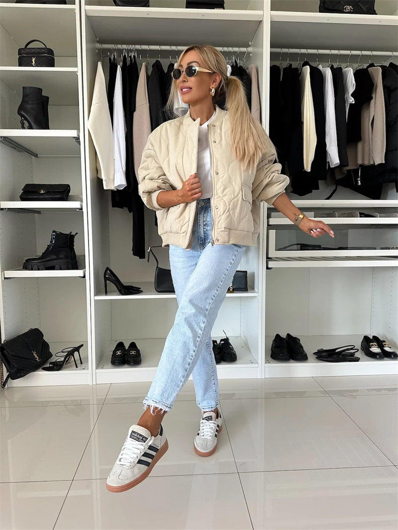 Damen lässige Steppjacke mit Knopfverschluss und elastischen Bündchen EB