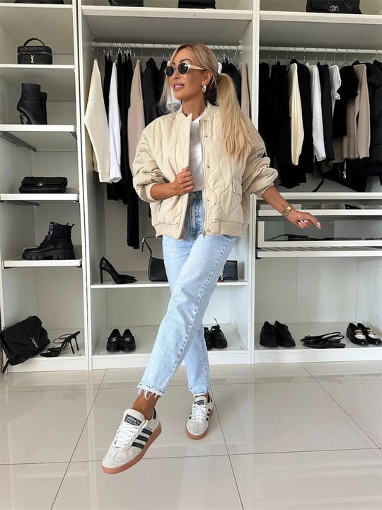 Damen lässige Steppjacke mit Knopfverschluss und elastischen Bündchen EB