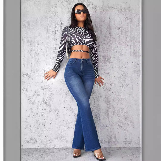 Damen Flared Jeans im modernen Design mit hohem Bund und ausgefallenem Waschung EB