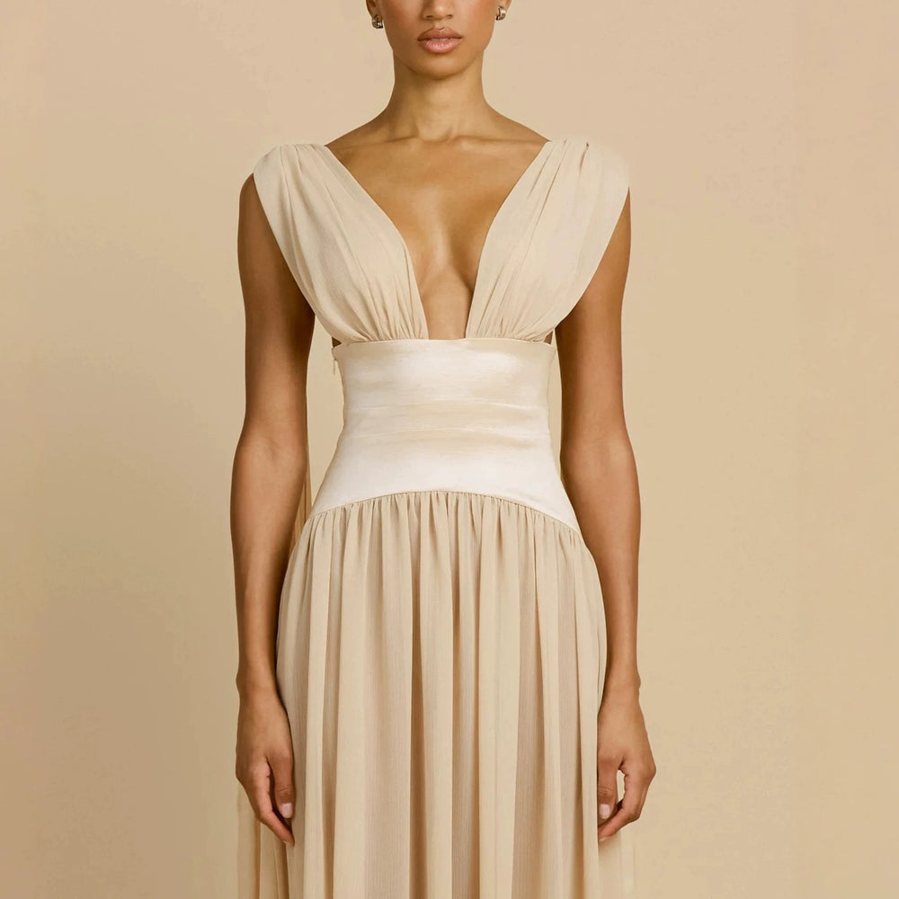 Damen Elegantes Langarm-Maxikleid mit tiefem V-Ausschnitt EB