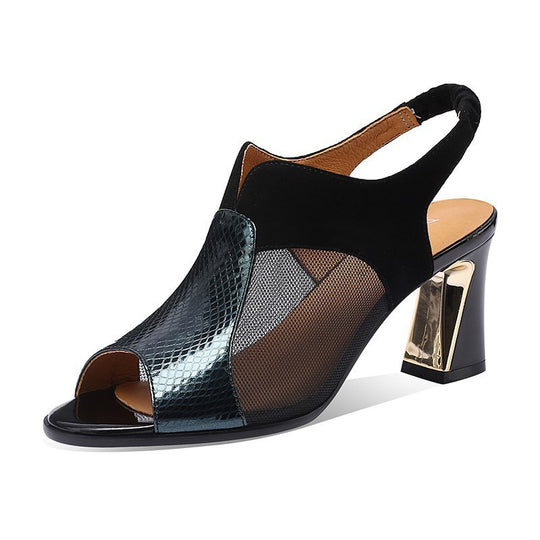 Damen nan elegante Sandalette mit offenem Zehenbereich Netz-Einsätzen und geformtem Blockabsatz EB
