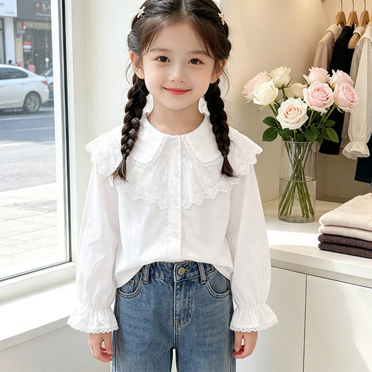 Mädchen Bluse mit eleganter Spitzenverzierung und Rüschendetails EB