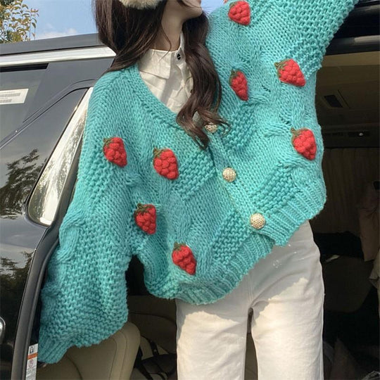 Damen Grober Strickcardigan mit Blumenstickerei und funkelnden Knöpfen EB
