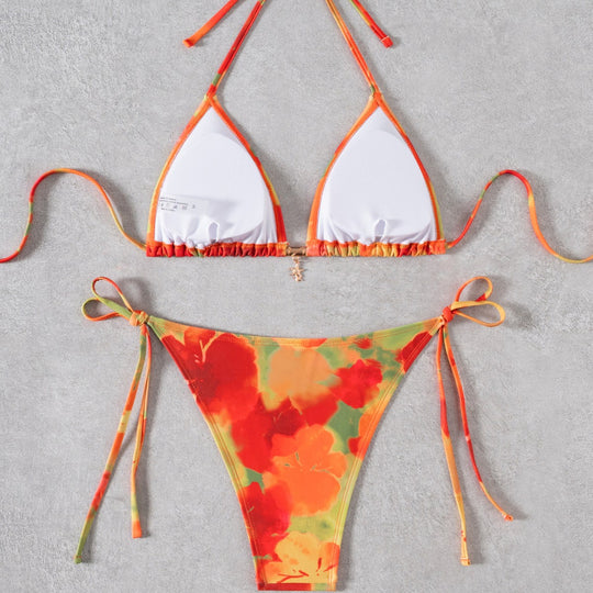 Damen Triangel-Bikini mit floralem Design und verstellbaren Bindebändern EB