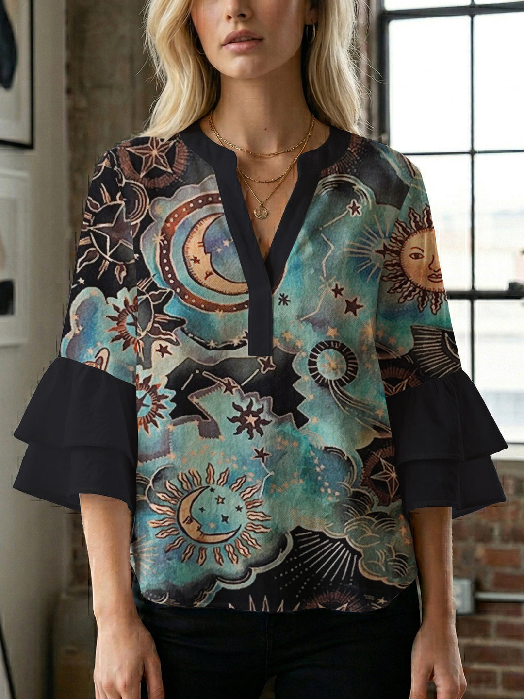 Damen lässige Bluse mit Volantärmeln und botanischem Druck EB