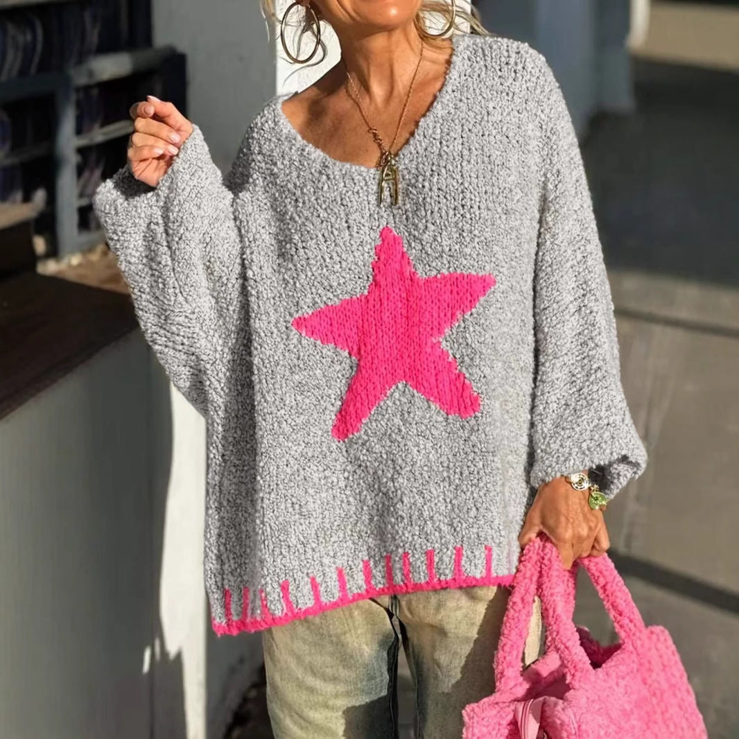 Damen Strickpullover mit V-Ausschnitt und auffälligem Sternenmuster EB