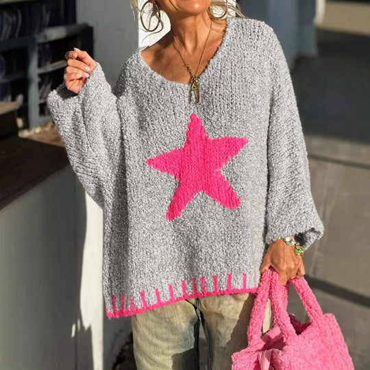Damen Strickpullover mit V-Ausschnitt und auffälligem Sternenmuster EB
